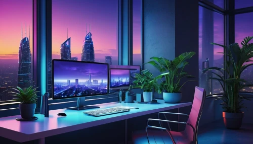 purple wallpaper,blur office background,modern office,computer room,cyberscene,3d background,working space,computer workstation,futuristic landscape,computable,windows wallpaper,modern room,pc tower,aesthetic,desk,dusk background,sky apartment,desktop,monitor wall,colorful city,Illustration,American Style,American Style 10