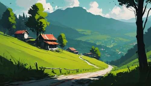 countryside,hills,hillside,alpine village,rolling hills,mountain village,home landscape,butka,mountain road,rural,valley,landscape background,alpine landscape,small landscape,rural landscape,green landscape,grassy,the road,mountainside,trail,Conceptual Art,Fantasy,Fantasy 06