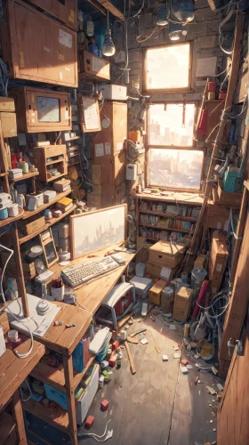 workbench,atelier,cluttered,clutter,storeroom,workbenches,watercolor shops,rummage,cluttering,tidiness,roominess,mailroom,nest workshop,physx,apothecary,cryengine,rummaging,salvage yard,shopworn,hardware store,Anime,Anime,Traditional