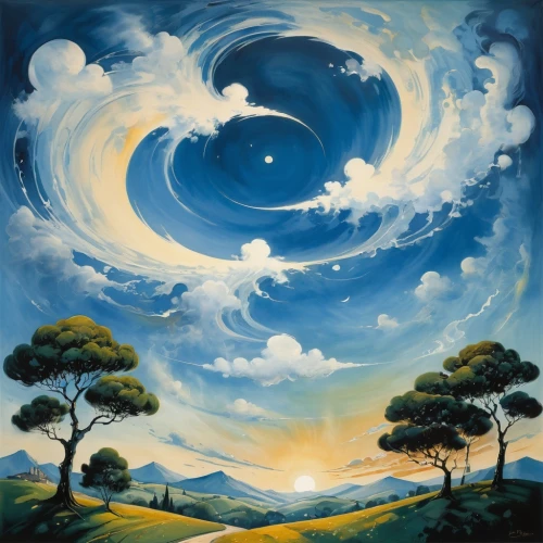 cielo,eckankar,urantia,whirlwinds,keeffe,troposphere,landscape background,star winds,exosphere,swirl clouds,art painting,dreamtime,triskelion,dreamscapes,mother earth,dream art,oil painting on canvas,breslov,blue sky clouds,ciralsky,Illustration,Paper based,Paper Based 07