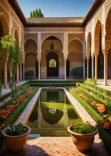 alcazar of seville,alhambra,persian architecture,dorne,alcazar,mamounia,courtyard,inside courtyard,kashan,yazd,courtyards,monastery garden,meknes,iranian architecture,cloistered,caravansary,umayyad palace,la kasbah,amanresorts,marrakesh,Art,Classical Oil Painting,Classical Oil Painting 20