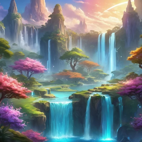 fantasy landscape,cartoon video game background,landscape background,fairy world,nature background,waterfall,waterfalls,beautiful wallpaper,alfheim,background with stones,background screen,water fall,water falls,fairy forest,mushroom landscape,unicorn background,fairy village,spring background,background colorful,children's background,Illustration,Realistic Fantasy,Realistic Fantasy 01