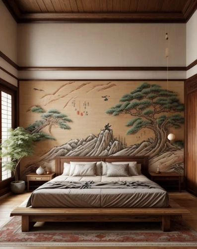 japanese-style room,ryokan,patterned wood decoration,oriental painting,japanese art,tatami,japanese zen garden,wall painting,wall decoration,sleeping room,masashige,ryokans,bamboo curtain,wooden wall,japanese patterns,ukiyoe,interior decor,japanese style,wallcoverings,japanese pattern