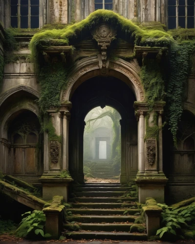 hall of the fallen,ruins,doorways,abandoned place,haunted cathedral,ruin,labyrinthian,abandoned places,lostplace,archways,lost place,the threshold of the house,crypts,mausoleum ruins,ancient ruins,ruine,ghost castle,the ruins of the,entranceways,moss landscape,Art,Classical Oil Painting,Classical Oil Painting 13