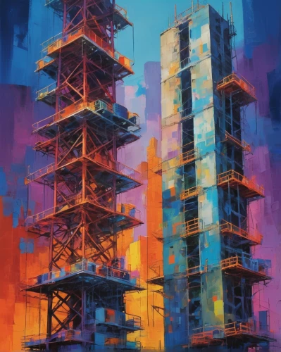 steel tower,urban towers,sedensky,scaffolding,skyscraper,skyscrapers,towers,high rises,colorful city,ctbuh,oil rig,electric tower,cityscape,burj,the skyscraper,highrises,industrial ruin,cyberpunk,industrial landscape,supertall,Conceptual Art,Oil color,Oil Color 25