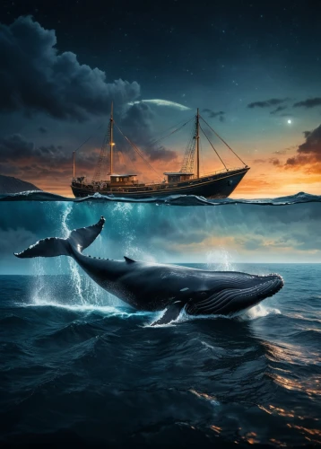 fantasy picture,photo manipulation,photomanipulation,world digital painting,viking ship,dolphin background,adrift,sailing boat,photoshop manipulation,seadrift,ballenas,black pearl,sea night,ocean background,fantasy art,sailing yacht,humpback whale,whaleships,sailing,seafaring,Photography,General,Fantasy