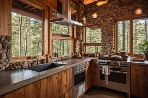 tile kitchen,cordwood,wood casework,kitchen design,wooden windows,modern kitchen,the cabin in the mountains,countertops,log home,kitchen interior,big kitchen,dark cabinetry,log cabin,vintage kitchen,dark cabinets,cabinetry,modern kitchen interior,patterned wood decoration,wood window,kitchen remodel,Photography,General,Realistic