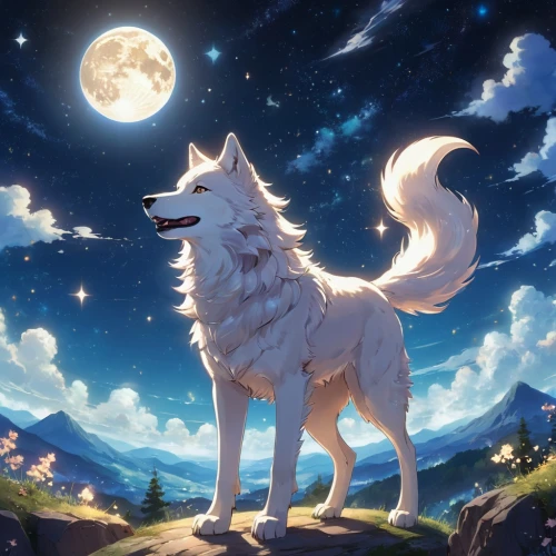 constellation wolf,moon and star background,fenrir,howl,howling wolf,repede,yukai,aleu,lumi,full moon,inuzuka,kindred,inugami,akita,dusk background,moonlit night,moonlight,inu,moonlit,lunar,Illustration,Japanese style,Japanese Style 19