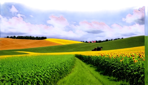 palouse,field of rapeseeds,tulips field,virtual landscape,flower field,landscape background,field of cereals,cornfield,tulip fields,sunflower field,blooming field,tulip field,wheat field,corn field,wheatfield,3d background,yellow grass,cultivated field,wheat fields,toscana,Illustration,Realistic Fantasy,Realistic Fantasy 08