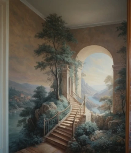 wall painting,outside staircase,the threshold of the house,wall decoration,hallway,stairwell,house painting,foyers,staircase,stairway,murals,wallcoverings,stairwells,entryway,lachapelle,church painting,enfilade,doorway,anteroom,children's bedroom,Illustration,Realistic Fantasy,Realistic Fantasy 27