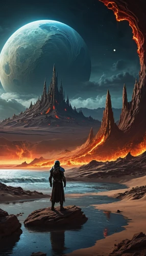 fantasy landscape,barsoom,scorched earth,fire planet,fantasy picture,alien planet,arrakis,volcanic landscape,lunar landscape,futuristic landscape,alien world,gallifrey,malazan,fantasy art,firefall,volcanic,fire background,dune landscape,sci fiction illustration,primordia,Illustration,Abstract Fantasy,Abstract Fantasy 05