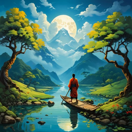 landscape background,fantasy picture,world digital painting,nature background,fantasy landscape,romantic scene,beautiful wallpaper,art painting,cartoon video game background,mountain scene,fantasy art,boat landscape,nature landscape,creative background,children's background,perleberg,an island far away landscape,idyll,fisherman,mountain lake,Art,Artistic Painting,Artistic Painting 34