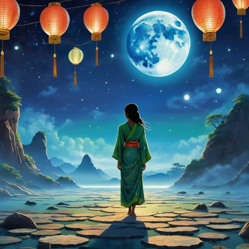 buddha purnima,moondragon,poornima,hanfu,mid-autumn festival,mulan,tanabata,fantasy picture,purnima,chuseok,moon and star background,xufeng,moonesinghe,rem in arabian nights,milarepa,moonlit night,mother earth,world digital painting,lanterns,moonbeams,Photography,General,Realistic