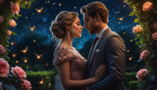 romantic portrait,romantic scene,the moon and the stars,wedding photo,romantic rose,fantasy picture,the stars,a fairy tale,wedding frame,serenade,wedding couple,estrellas,elopement,serenata,romantic look,way of the roses,fairytale,fairy tale,vintage couple silhouette,digital painting,Photography,General,Fantasy