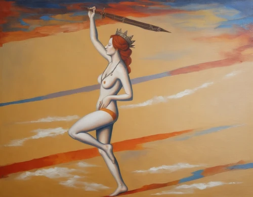 tightrope walker,windsurfer,twirler,girl on the dune,dance with canvases,cavaliere,tightrope,bather,woman pointing,majorette,woman playing,terpsichore,mousseau,demoiselles,pointing woman,amphitrite,sculler,juggler,oil painting on canvas,syrinx,Illustration,Realistic Fantasy,Realistic Fantasy 42