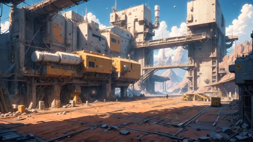 cosmodrome,industrial ruin,ruins,wasteland,scrapyard,industrial landscape,destroyed city,scrap yard,ruin,junkyard,environments,rubble,futuristic landscape,salvage yard,post-apocalyptic landscape,outpost,ancient ruins,ship wreck,ancient city,wastelands,Anime,Anime,Realistic