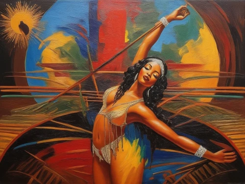 oil painting on canvas,capoeirista,oshun,oil painting,woman playing,oil on canvas,umoja,african art,fire dancer,woman pointing,dancer,varekai,indigenous painting,bohemian art,sirena,contradanza,flamenca,dance with canvases,isadora,hula,Illustration,Realistic Fantasy,Realistic Fantasy 21