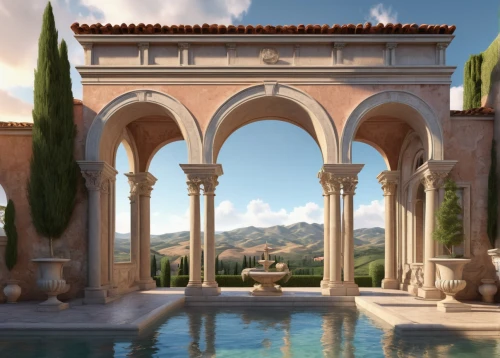 dorne,archways,marble palace,decorative fountains,water palace,alhambra,pergola,theed,neoclassical,luxury property,3d rendering,orangerie,provencal,palladianism,palatial,archly,neoclassic,pillars,rivendell,render,Conceptual Art,Daily,Daily 35