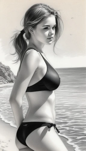 comic halftone woman,beach background,beachgoer,charcoal drawing,female model,seaward,female swimmer,advertising figure,bardot,pin-up model,airbrushing,radebaugh,pin-up girl,beach toy,girl drawing,the sea maid,pencil drawings,beachcomber,charcoal pencil,photo painting,Illustration,Black and White,Black and White 30