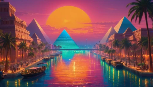 pyramids,pyramid,pyramidal,nile,futuristic landscape,mypyramid,giza,lagoon,pyramide,paradisus,triangles background,extrapyramidal,polyneices,oasis,beautiful wallpaper,hd wallpaper,world digital painting,3d background,ancient city,paraiso,Conceptual Art,Sci-Fi,Sci-Fi 26