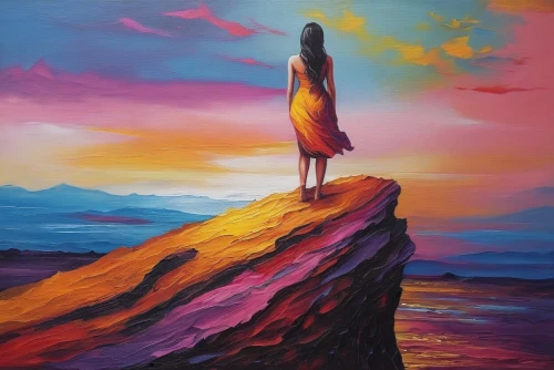 danxia,girl on the dune,inanna,oil painting on canvas,ladyland,girl in a long,equilibrist,equilibrio,woman thinking,art painting,siddharta,jeanneney,oil painting,equilibrium,dream art,vibrancy,christakis,shamanic,psychosynthesis,colorful background,Illustration,Realistic Fantasy,Realistic Fantasy 25