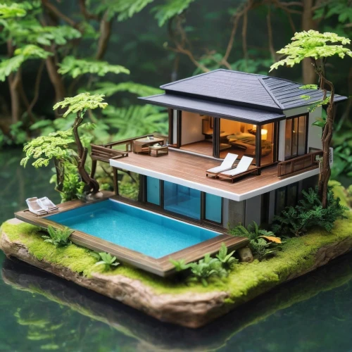 floating huts,pool house,house with lake,houseboat,house by the water,floating island,miniature house,summer cottage,inverted cottage,floating islands,houseboats,small cabin,house in the forest,treehouses,floating on the river,forest house,stilt house,boat house,summer house,tropical house,Unique,3D,Garage Kits