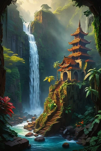 fantasy landscape,world digital painting,landscape background,cartoon video game background,yamatai,fantasy picture,waterfall,waterfalls,water palace,green waterfall,oriental,asian architecture,shambhala,vietnam,wishing well,ancient city,bird kingdom,shaoming,oasis,beautiful wallpaper,Conceptual Art,Oil color,Oil Color 04