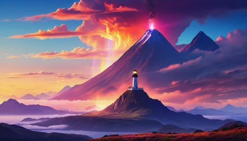 fairy chimney,cloud mountain,fantasy landscape,futuristic landscape,beacon,fantasy picture,world digital painting,mountain sunrise,the volcano,lava lamp,fire mountain,mountain world,spire,volcanic,lighthouse,mountain peak,orthanc,wonderlands,cloudmont,pinnacle,Photography,Artistic Photography,Artistic Photography 03