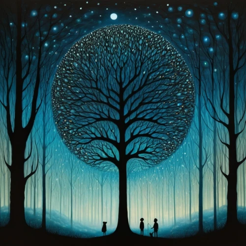 blue moon,moon and star background,hanging moon,circle around tree,magic tree,moon and star,moonlit night,the moon and the stars,duenas,night scene,tree grove,moon night,moon and foliage,the moon,moonlighters,big moon,celtic tree,tree of life,moonstruck,moonbeams,Illustration,Abstract Fantasy,Abstract Fantasy 19