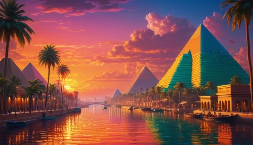 pyramids,ancient egypt,giza,polyneices,egypt,luxor,nile river,nile,polynesia,fantasy landscape,ancient city,ancient egyptian,sailboats,kemet,egyptienne,3d fantasy,sailing boats,fantasy picture,world digital painting,pyramidal,Conceptual Art,Sci-Fi,Sci-Fi 26