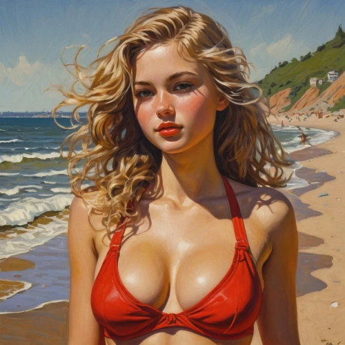 donsky,blonde woman,photorealist,jasinski,beach background,currin,oil painting,red,ann,guenter,blonde girl,pin-up girl,beach scenery,man in red dress,welliver,hildebrandt,red tablecloth,lifeguard,blond girl,whitmore,Illustration,Vector,Vector 15