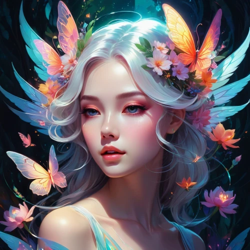 flower fairy,faerie,faery,fairie,fantasy portrait,fairy,fairy queen,diwata,garden fairy,little girl fairy,flora,moonflower,mystical portrait of a girl,fantasy art,white butterflies,fairy galaxy,fae,rosa 'the fairy,butterfly background,elven flower,Illustration,Realistic Fantasy,Realistic Fantasy 39