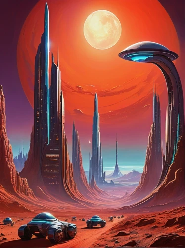 futuristic landscape,alien planet,alien world,barsoom,extrasolar,farpoint,homeworlds,red planet,ringworld,homeworld,sci fiction illustration,sci fi,scifi,sci - fi,lunar landscape,cardassia,offworld,eridani,moon valley,fantasy landscape,Illustration,Realistic Fantasy,Realistic Fantasy 30