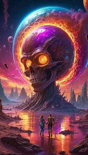 majora,fire planet,oddworld,alien planet,prospal,alien world,burning man,sci fiction illustration,fire background,door to hell,metroid,fantasy picture,scorched earth,burning earth,fantasy art,meteor,mushroom landscape,game illustration,planet alien sky,earthbound,Illustration,Realistic Fantasy,Realistic Fantasy 38