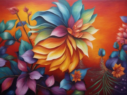 flower painting,floral composition,oil painting on canvas,tropical bloom,flower art,floral rangoli,flora,splendor of flowers,abstract flowers,tropical flowers,colorful flowers,oil on canvas,kahila garland-lily,flower background,khokhloma painting,welin,fabric painting,oil painting,falling flowers,pintura,Illustration,Realistic Fantasy,Realistic Fantasy 45