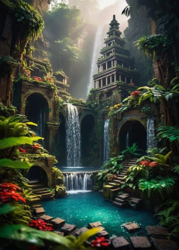 fantasy landscape,fantasy picture,ancient city,fairy village,leshan,underwater oasis,3d fantasy,asian architecture,tailandia,shaoming,vietnam,tropical jungle,green waterfall,yavin,gondwanaland,bali,waterfalls,water palace,fantasy art,skylands,Conceptual Art,Graffiti Art,Graffiti Art 02