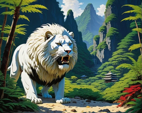 forest king lion,white lion,king of the jungle,lion white,lionrock,panthera leo,aslan,leonine,lion,tigon,lionnet,african lion,stone lion,lionizing,lionore,lions,gondwanaland,game illustration,male lion,lionni,Art,Artistic Painting,Artistic Painting 04