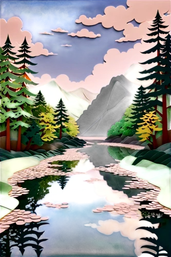 cartoon video game background,forest lake,cartoon forest,mountainlake,landscape background,mirror water,mountain lake,mountain scene,nature background,river landscape,river pines,forest landscape,lake tanuki,salt meadow landscape,water mirror,evening lake,waterscape,alpine lake,mountain landscape,a small lake,Unique,Paper Cuts,Paper Cuts 03