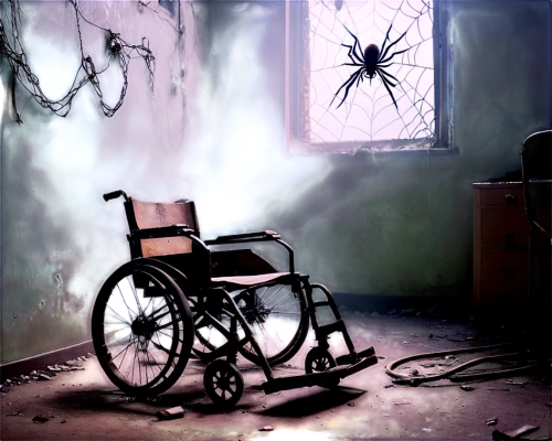 wheel chair,wheelchair,wheelchairs,spider,sanitarium,sanitorium,asylum,abandoned room,spiders,walking spider,therapy room,old chair,sanatorium,holy spirit hospital,arachnoid,abled,paralysed,doctor's room,disablement,chair png,Conceptual Art,Daily,Daily 15