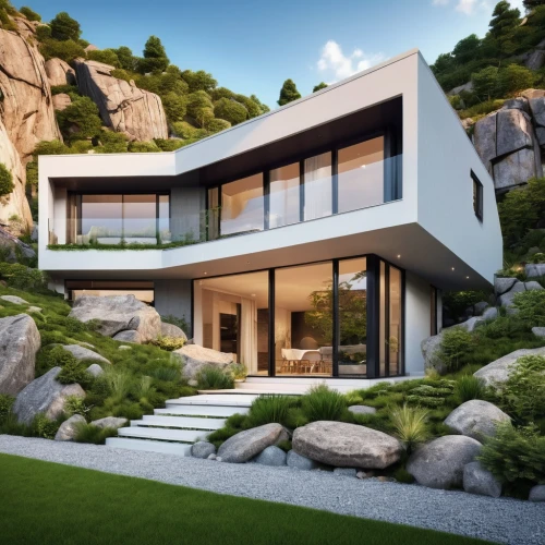 modern house,modern architecture,3d rendering,dunes house,beautiful home,dreamhouse,landscaped,house in mountains,luxury home,cubic house,fresnaye,landscape design sydney,luxury property,house in the mountains,modern style,home landscape,house by the water,cliffside,render,contemporary,Photography,General,Realistic