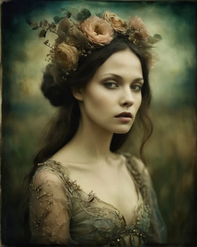 faery,mystical portrait of a girl,faerie,fantasy portrait,margaery,margairaz,victorian lady,demelza,persephone,girl in a wreath,romantic portrait,behenna,fairie,fairy queen,rosaline,vintage female portrait,noblewoman,dryad,the enchantress,rosa 'the fairy,Illustration,Realistic Fantasy,Realistic Fantasy 37