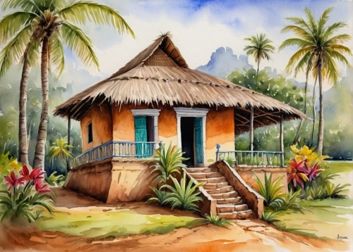 watercolor palm trees,palapa,tropical house,watercolor background,watercolor painting,home landscape,watercolor,traditional house,holiday villa,bungalows,polynesian,stilt house,house painting,huts,tambu,tahiti,watercolor cafe,cottage,coconut trees,samoa,Illustration,Paper based,Paper Based 24
