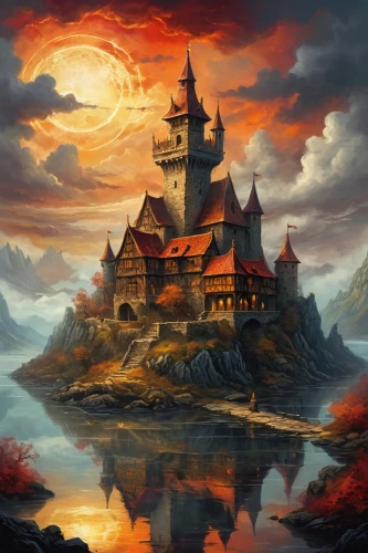 witch's house,fantasy picture,fairy tale castle,fantasy landscape,house silhouette,knight's castle,house with lake,fairytale castle,castle of the corvin,haunted castle,witch house,fantasy art,ghost castle,castlevania,medieval castle,gold castle,castle,castle keep,dreamhouse,ravenloft,Photography,General,Natural