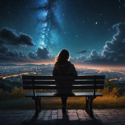 man on a bench,skywatchers,the night sky,stargazing,bench,to be alone,astronomer,night sky,skygazers,astronomy,loneliness,astronomical,park bench,astronomers,contemplate,meditation,escapism,stargazer,solitude,the universe,Photography,General,Fantasy