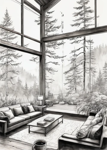 sunroom,livingroom,living room,the cabin in the mountains,home landscape,forest house,chalet,sketchup,modern living room,sitting room,indoors,wooden windows,cabin,log home,modern room,home interior,indoor,summer house,house in the forest,winter house,Illustration,Black and White,Black and White 34