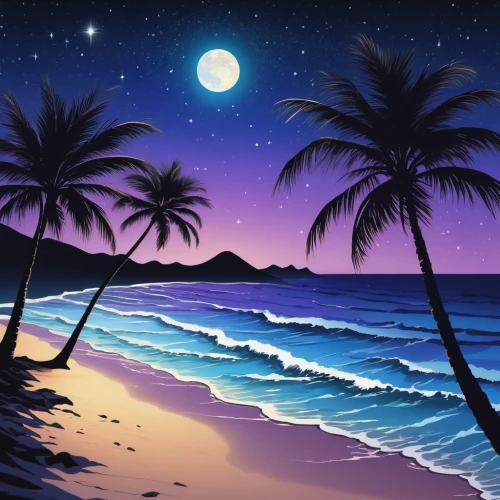 dream beach,ocean background,beach landscape,beach scenery,tropical sea,tropical beach,ocean paradise,beach background,landscape background,blue hawaii,background vector,moon and star background,palm tree vector,hawai,hawaii,coconut trees,paradises,beautiful beach,sea night,cartoon video game background,Illustration,Japanese style,Japanese Style 05