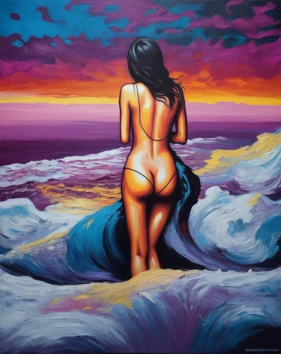 oil painting on canvas,oil painting,oil on canvas,girl on the dune,bather,seascape,bodypainting,neon body painting,el mar,dubbeldam,tidal wave,siren,sirena,pintura,painting technique,art painting,ocean waves,sea landscape,beach landscape,girl with a dolphin,Illustration,Realistic Fantasy,Realistic Fantasy 25