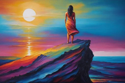 oil painting on canvas,dream art,dreamscape,psychosynthesis,art painting,dubbeldam,dreamscapes,oil painting,equilibrium,equilibrio,oil on canvas,dreamtime,horizons,colorful background,pintura,inner light,hanging moon,equilibrist,guiding light,inanna,Illustration,Realistic Fantasy,Realistic Fantasy 25