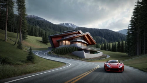 alpine drive,3d car wallpaper,mountain highway,scuderia,mountain road,mountain pass,underground garage,3d rendering,cartoon video game background,steep mountain pass,alpine style,house in the mountains,house in mountains,speciale,photorealism,mountain hut,car wallpapers,alpine route,the cabin in the mountains,the transfagarasan