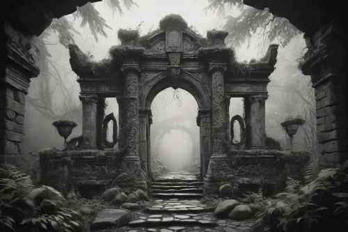 hall of the fallen,crypts,undercity,sepulchre,mausoleum ruins,sepulchres,labyrinthian,catacombs,undermountain,sanctum,shadowgate,the mystical path,the threshold of the house,ruins,threshold,catacomb,sepulcher,dungeon,shrines,crypt,Illustration,Black and White,Black and White 11